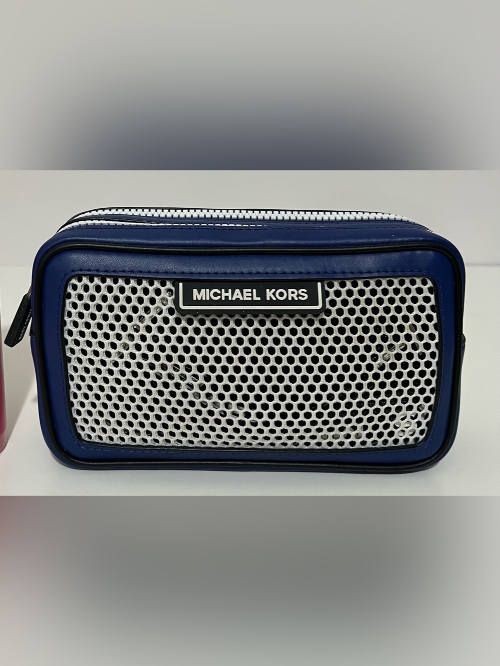 Michael Kors Navy and White Mesh Toiletry Pouch